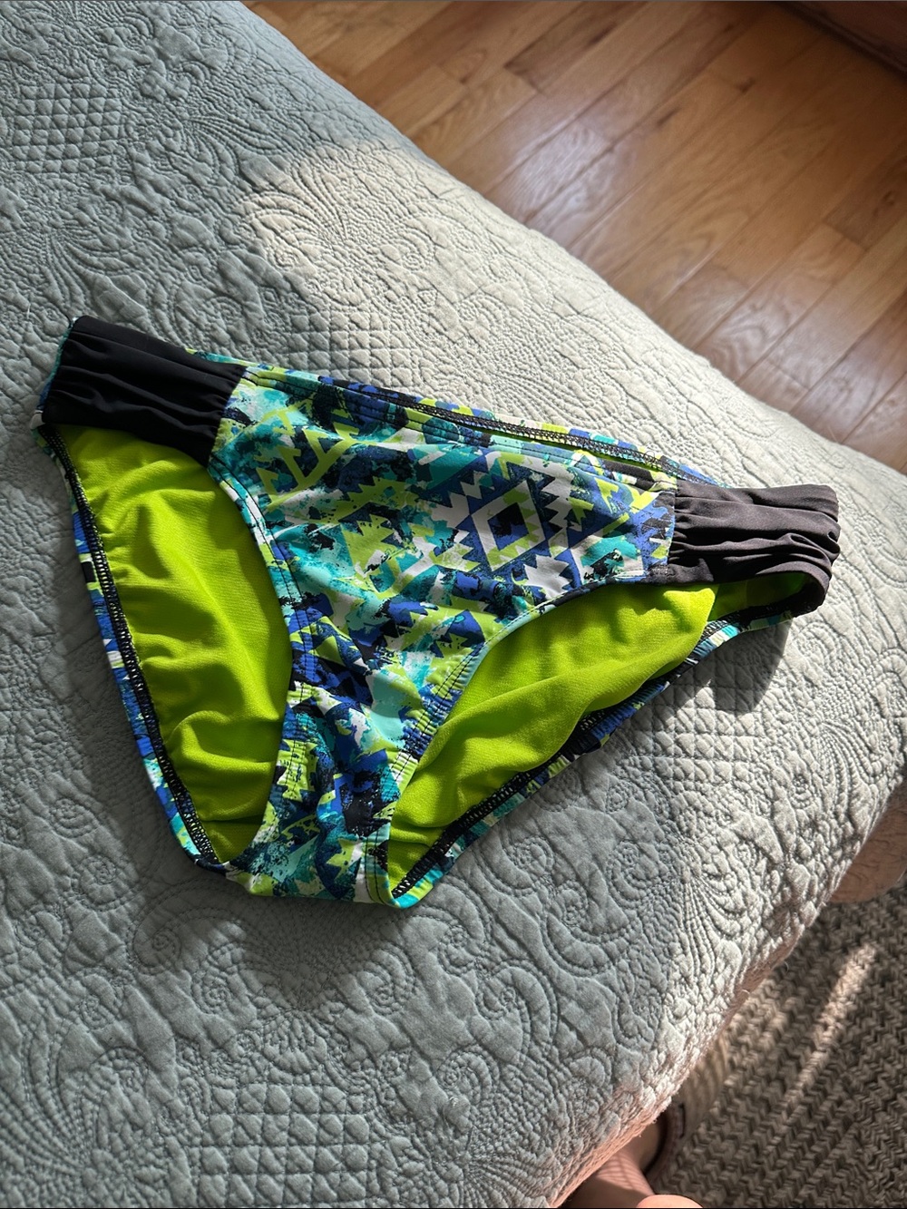 Title Nine Women's Aztec Print Bikini Bottoms in Lime, Teal & Black
